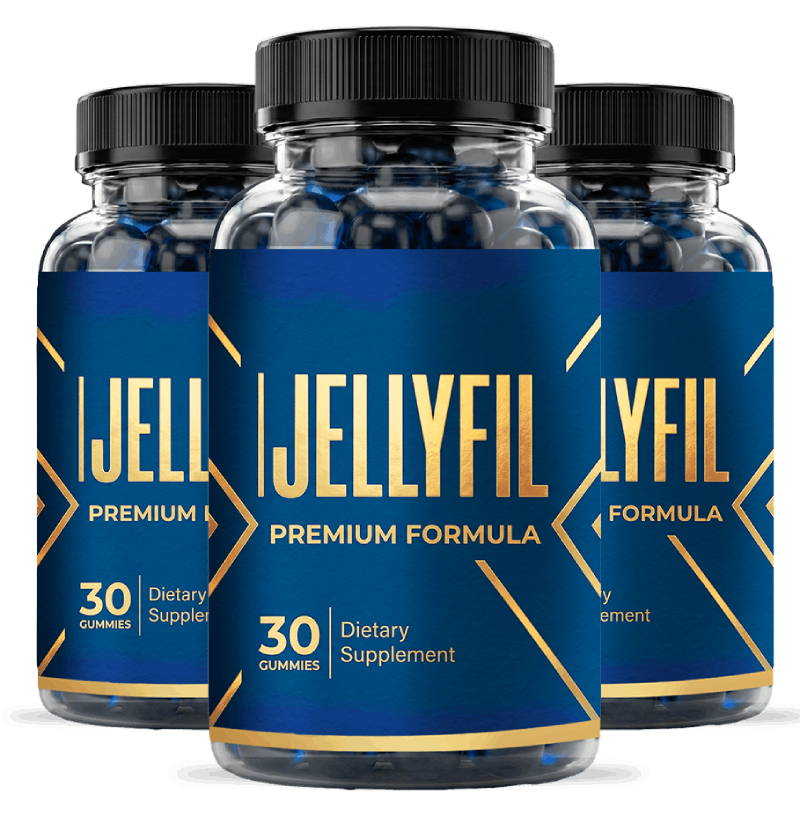 Three bottles of JellyFil Premium Formula men's supplement gummies