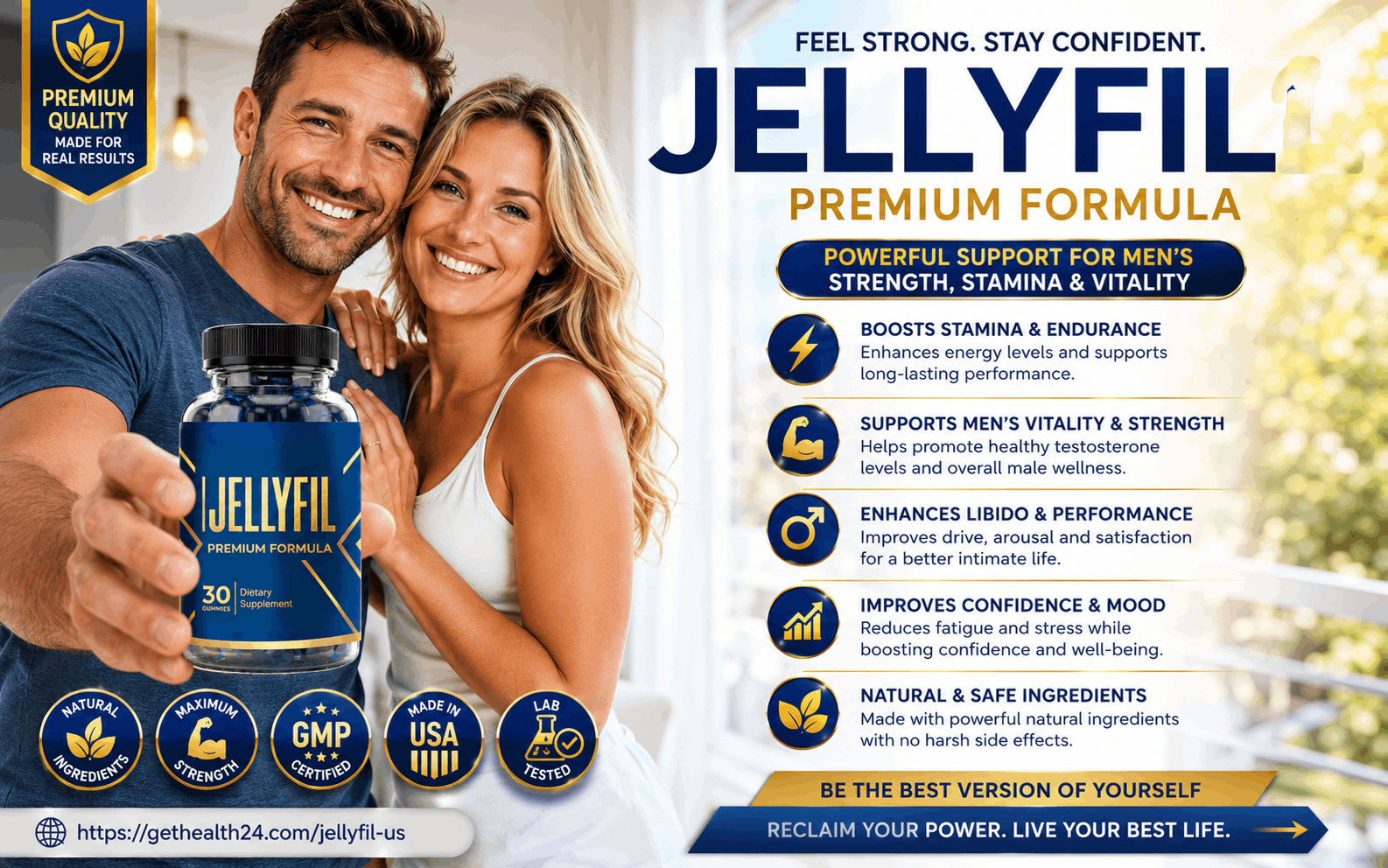 Couple holding a bottle of JellyFil Premium Formula men's vitality gummies
